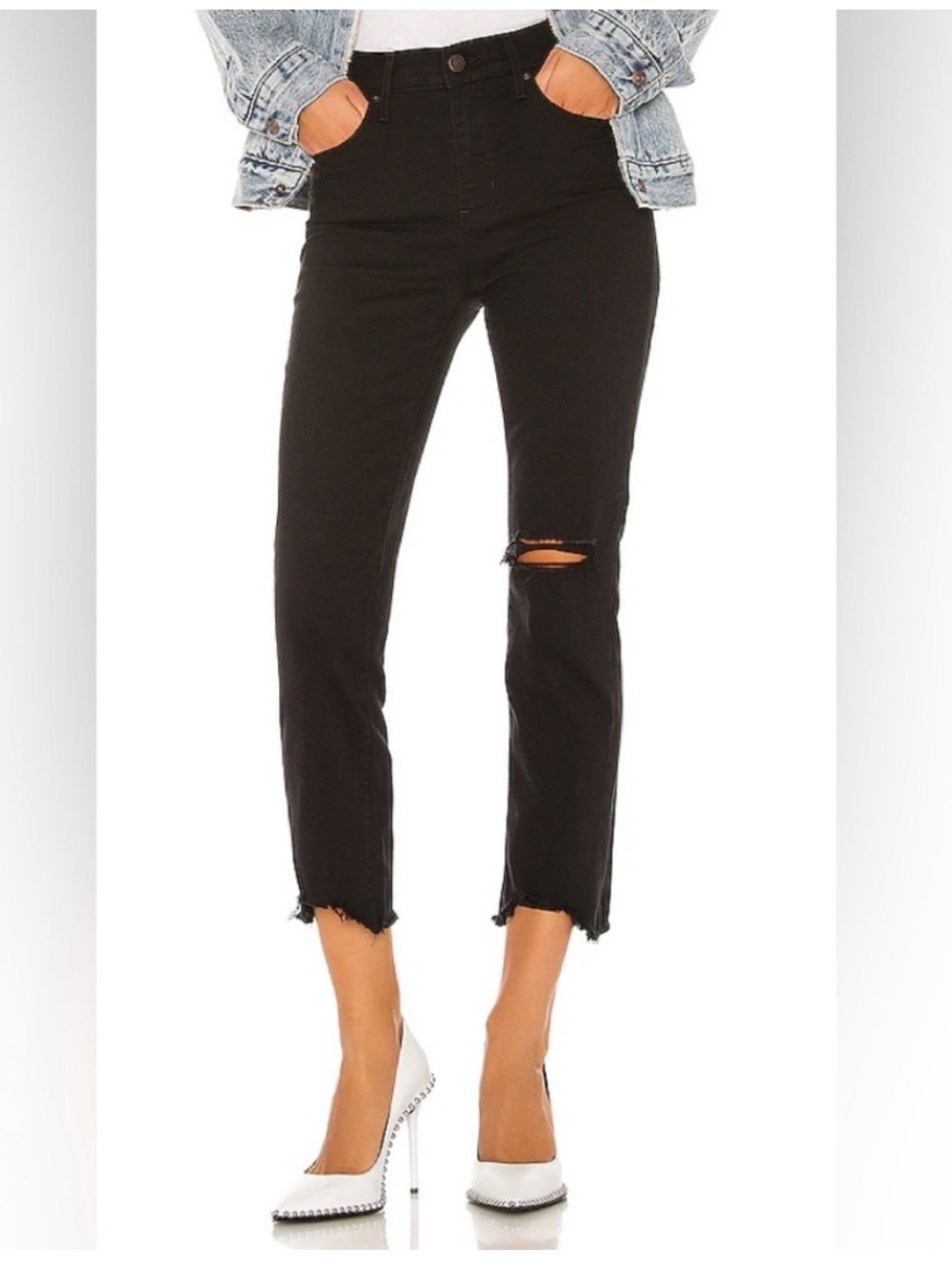 Levi's Black High-Rise Cropped Straight Jeans with Distressed Knee